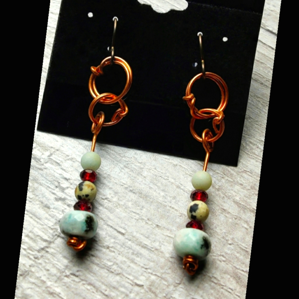 Kiwi Jasper, Dalmatian Jasper, and Garnet Earrings in Copper